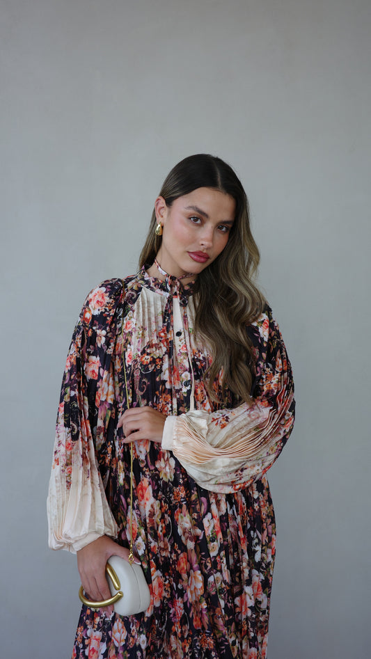 שמלת מקסי פליסה פרחוני מילאנו | שמנת שחור