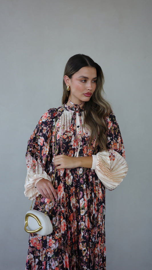 שמלת מקסי פליסה פרחוני מילאנו | שמנת שחור