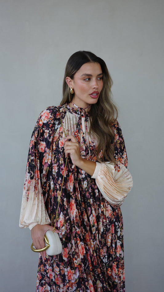 שמלת מקסי פליסה פרחוני מילאנו | שמנת שחור