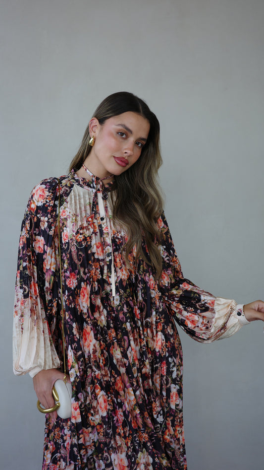 שמלת מקסי פליסה פרחוני מילאנו | שמנת שחור