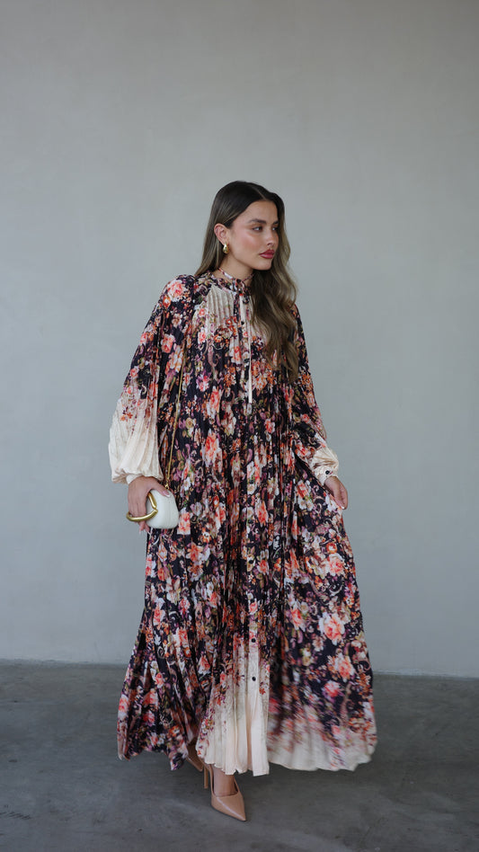 שמלת מקסי פליסה פרחוני מילאנו | שמנת שחור