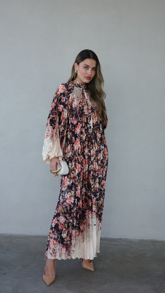 שמלת מקסי פליסה פרחוני מילאנו | שמנת שחור