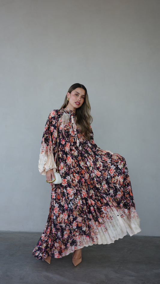 שמלת מקסי פליסה פרחוני מילאנו | שמנת שחור