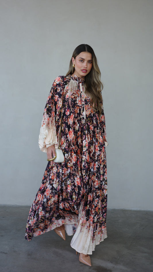 שמלת מקסי פליסה פרחוני מילאנו | שמנת שחור