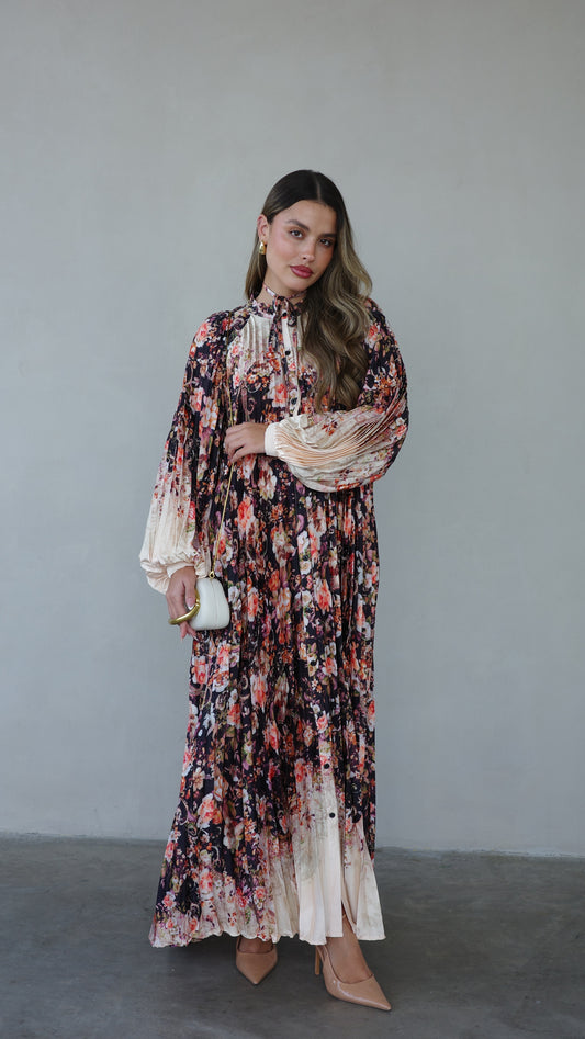 שמלת מקסי פליסה פרחוני מילאנו | שמנת שחור