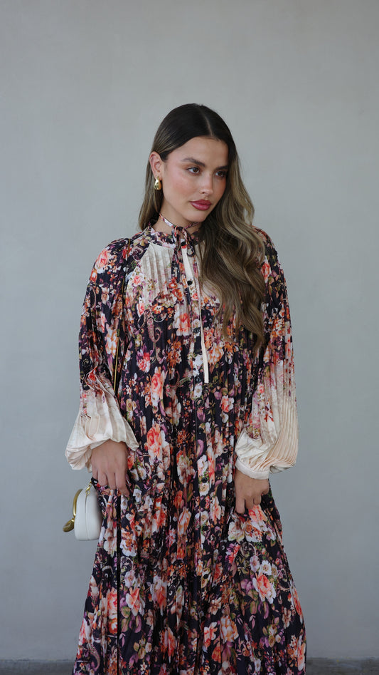 שמלת מקסי פליסה פרחוני מילאנו | שמנת שחור