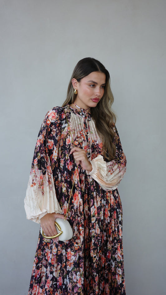 שמלת מקסי פליסה פרחוני מילאנו | שמנת שחור