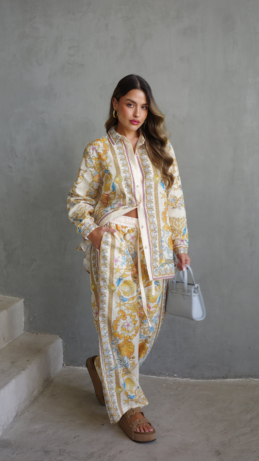 חליפת מכנס קלואה | שמנת/צהוב