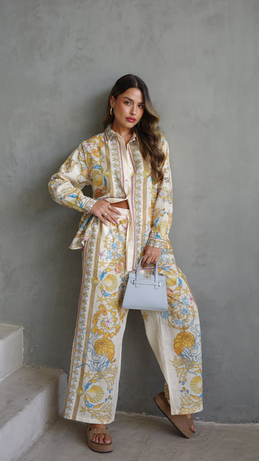 חליפת מכנס קלואה | שמנת/צהוב