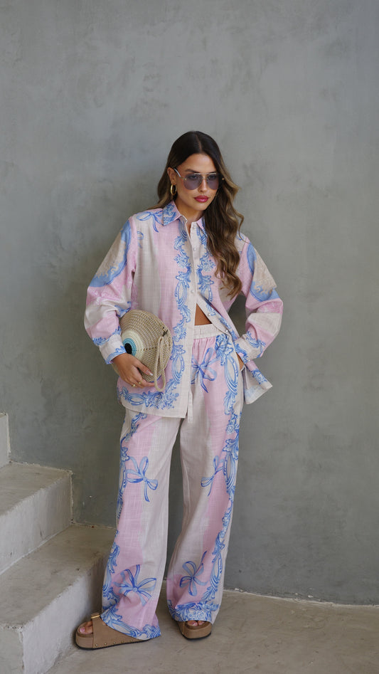 חליפת מכנס הוואנה| שמנת/ורוד