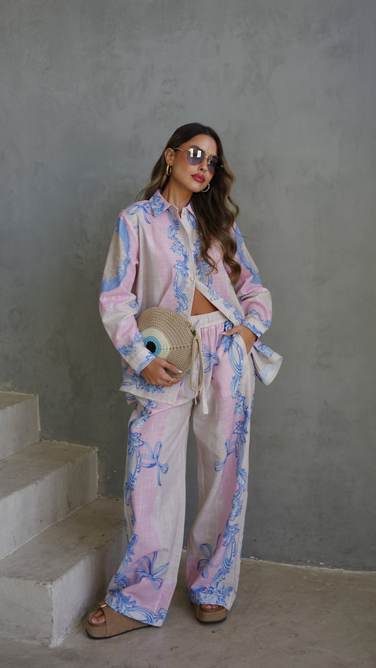 חליפת מכנס הוואנה| שמנת/ורוד