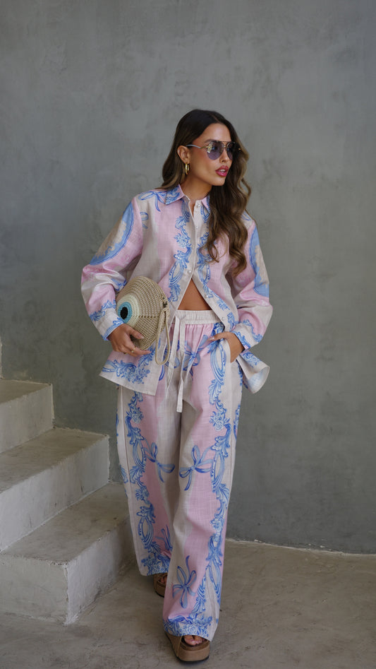 חליפת מכנס הוואנה| שמנת/ורוד