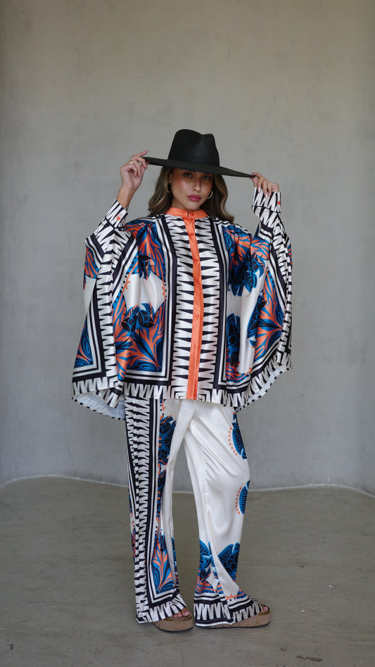 חליפת מכנס קימונו טוקיו | שמנת/טורקיז