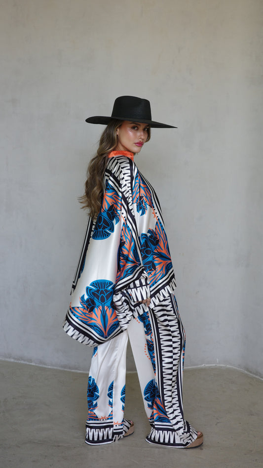 חליפת מכנס קימונו טוקיו | שמנת/טורקיז