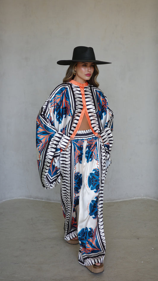 חליפת מכנס קימונו טוקיו | שמנת/טורקיז