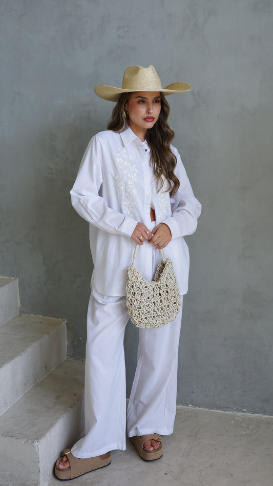 חליפת מכנס משולבת רקמה וחרוזים | לבן