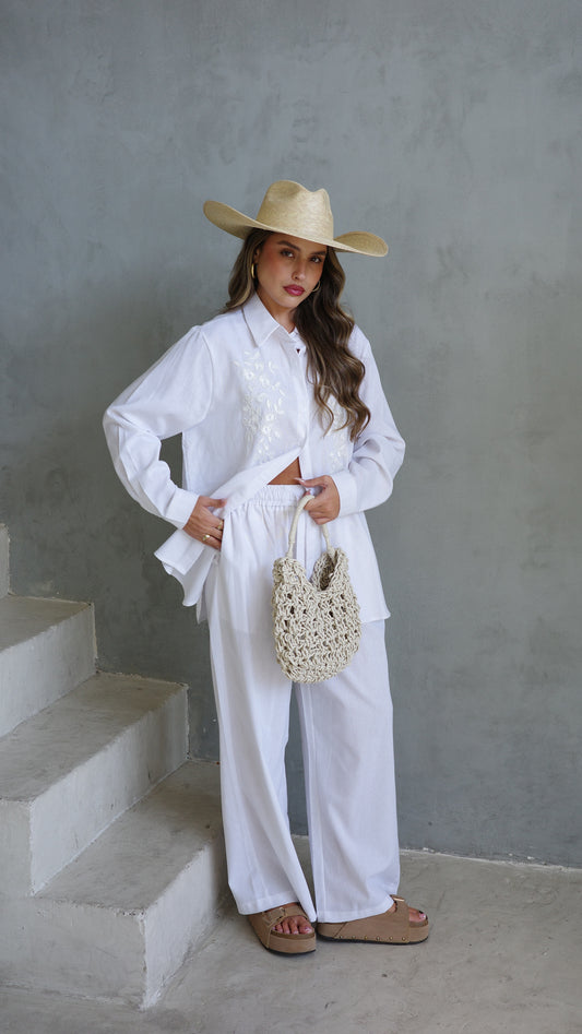 חליפת מכנס משולבת רקמה וחרוזים | לבן