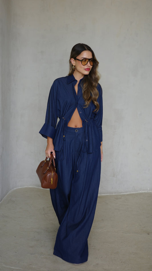 חליפת מכנס גומי כיווץ מקארתי חום| כחול