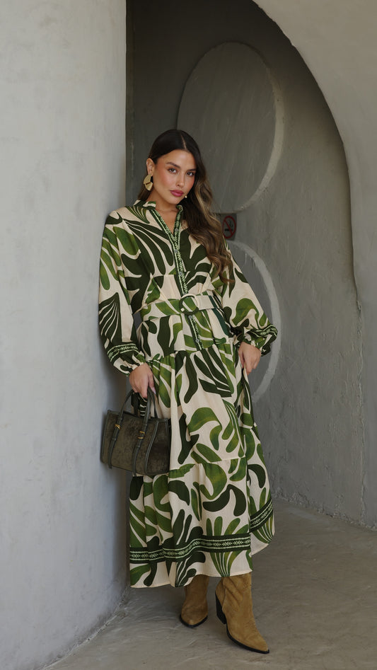 גלביה קומות כפתורים חגורה רוקסנה | שמנת/ירוק