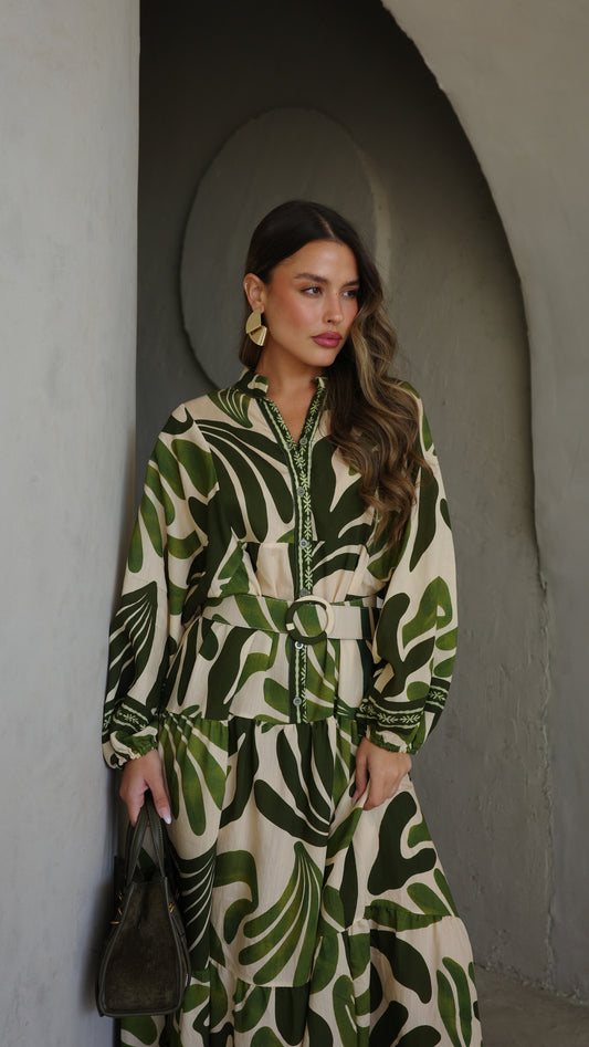 גלביה קומות כפתורים חגורה רוקסנה | שמנת/ירוק