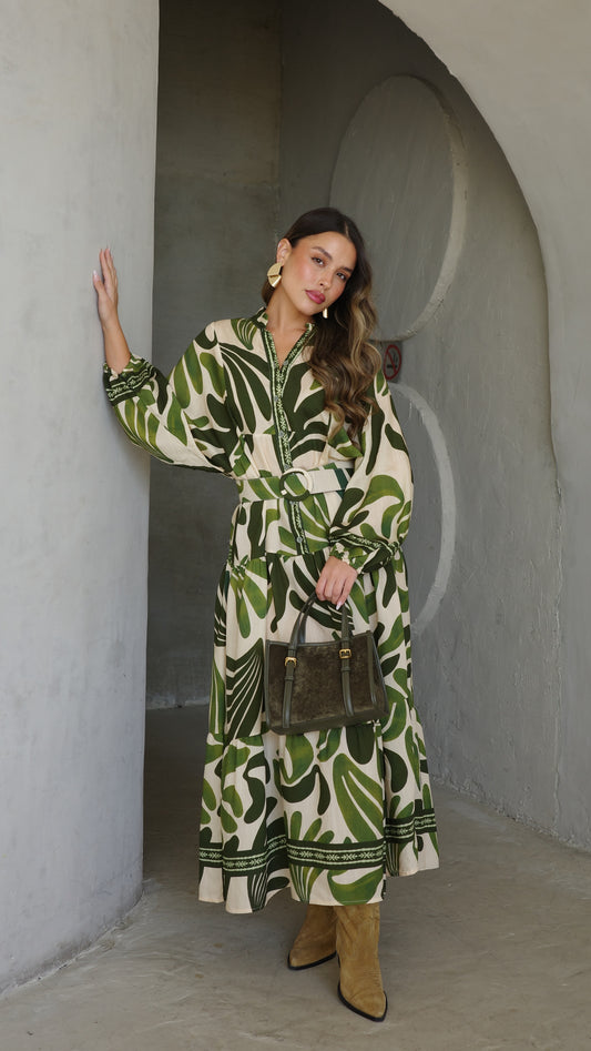 גלביה קומות כפתורים חגורה רוקסנה | שמנת/ירוק