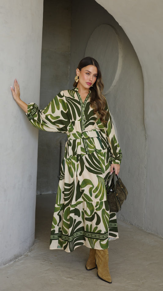 גלביה קומות כפתורים חגורה רוקסנה | שמנת/ירוק