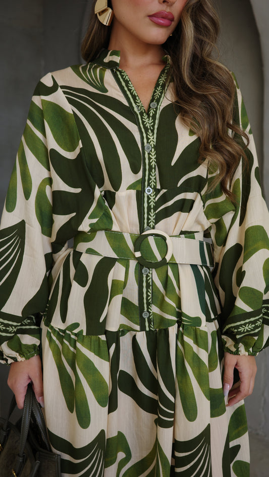 גלביה קומות כפתורים חגורה רוקסנה | שמנת/ירוק