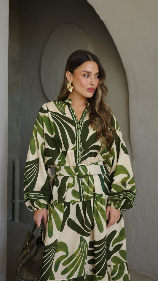 גלביה קומות כפתורים חגורה רוקסנה | שמנת/ירוק