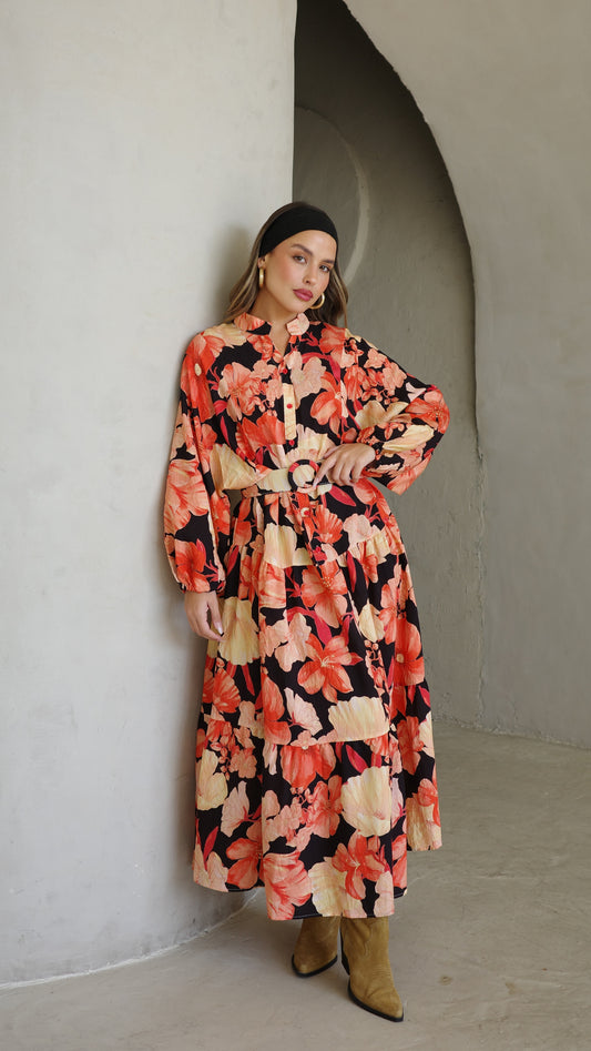 גלביה קומות כפתורים חגורה איילינד | שחור/אדום