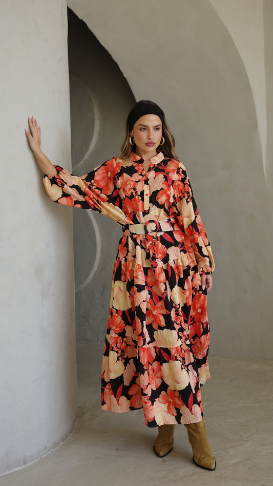 גלביה קומות כפתורים חגורה איילינד | שחור/אדום