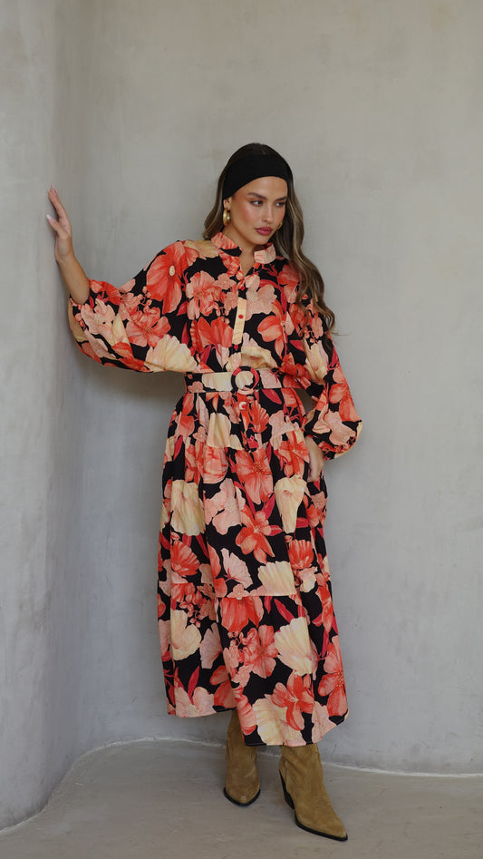 גלביה קומות כפתורים חגורה איילינד | שחור/אדום