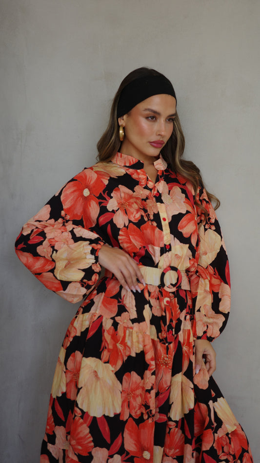 גלביה קומות כפתורים חגורה איילינד | שחור/אדום