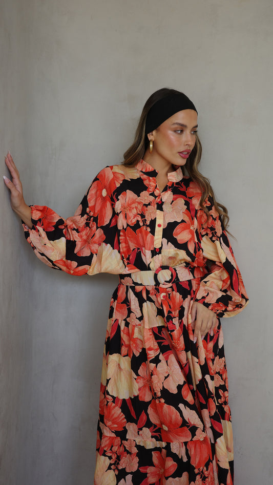 גלביה קומות כפתורים חגורה איילינד | שחור/אדום