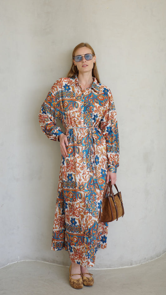 שמלת פליסה כפתורים אבלין | שמנת/כתום