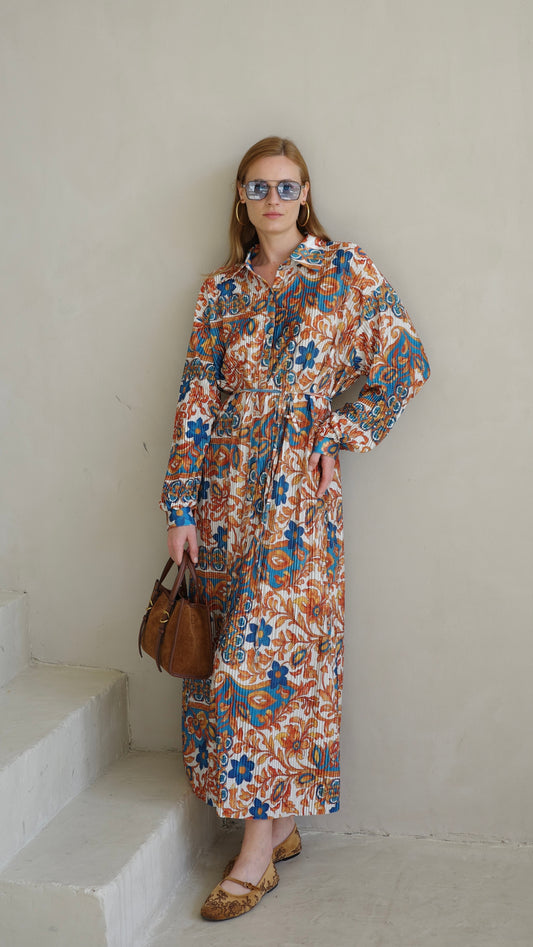 שמלת פליסה כפתורים אבלין | שמנת/כתום