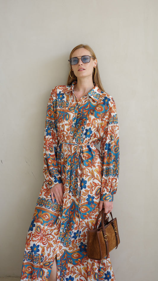 שמלת פליסה כפתורים אבלין | שמנת/כתום