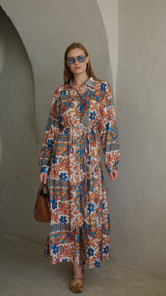 שמלת פליסה כפתורים אבלין | שמנת/כתום