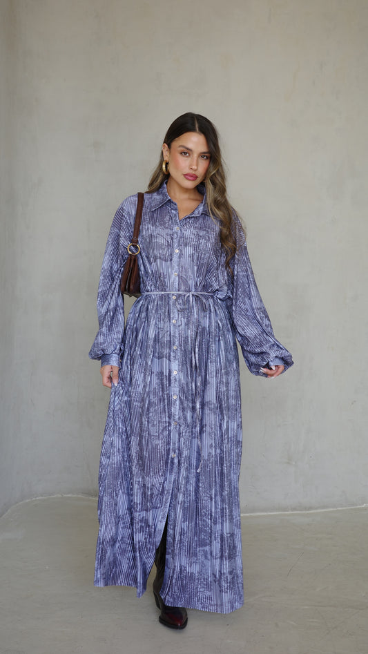 שמלת פליסה כפתורים אבלין | כחול