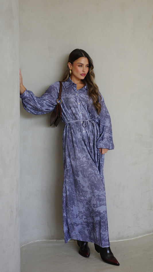 שמלת פליסה כפתורים אבלין | כחול