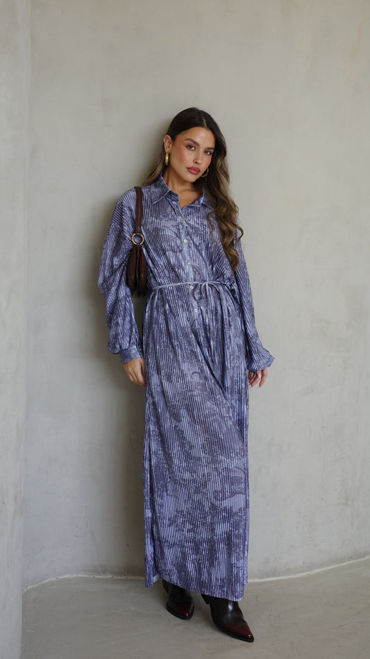 שמלת פליסה כפתורים אבלין | כחול