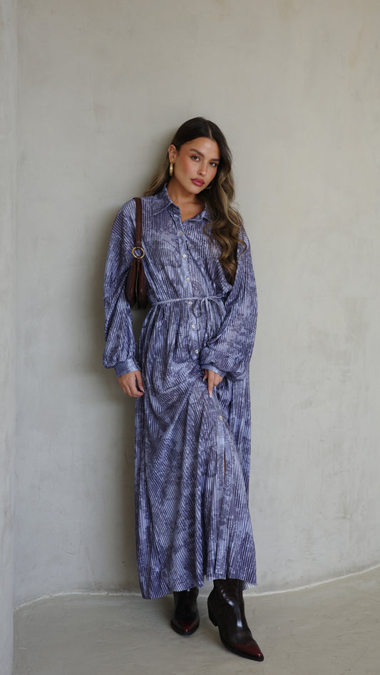 שמלת פליסה כפתורים אבלין | כחול