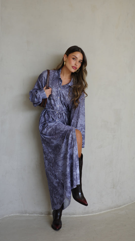 שמלת פליסה כפתורים אבלין | כחול