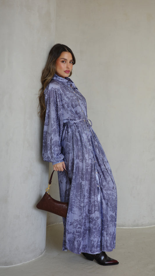 שמלת פליסה כפתורים אבלין | כחול