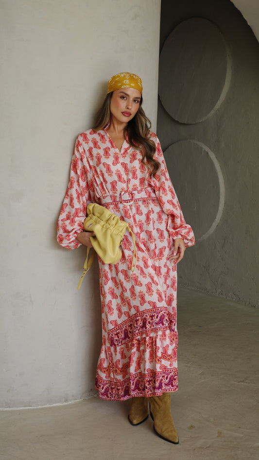 גלביה קומות כפתורים חגורה פנדי | שמנת/כתום