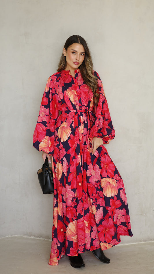 שמלת קלוש כפתורים דניס |שחור/אדום