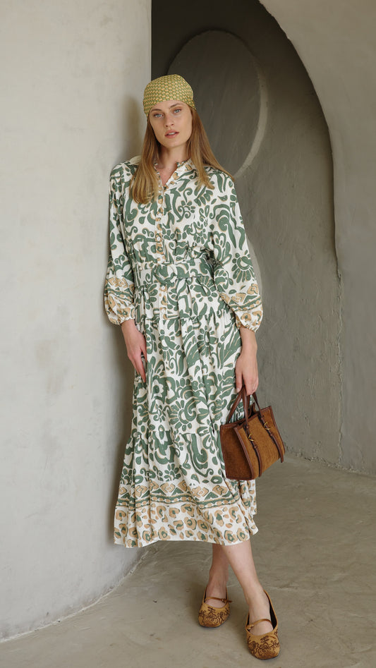 גלביה קומות כפתורים חגורה דיאנדרה | שמנת/ירוק