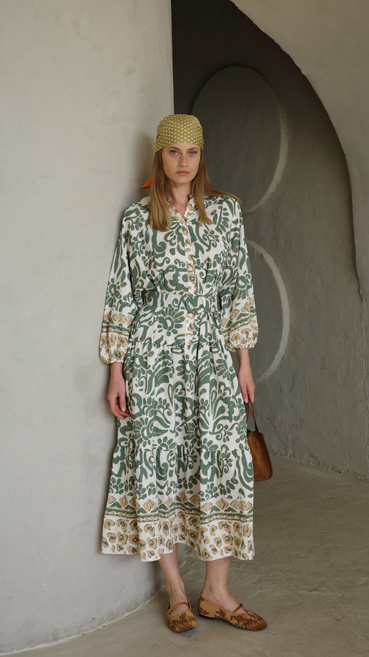 גלביה קומות כפתורים חגורה דיאנדרה | שמנת/ירוק