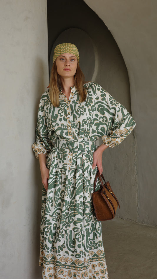 גלביה קומות כפתורים חגורה דיאנדרה | שמנת/ירוק