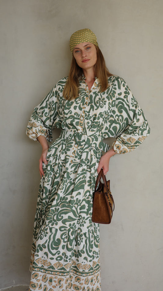 גלביה קומות כפתורים חגורה דיאנדרה | שמנת/ירוק