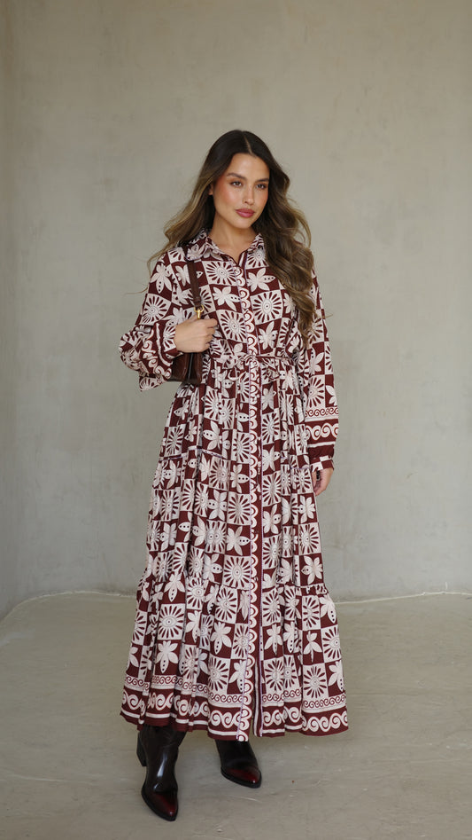 שמלת קלוש כפתורים אשלי | בז/בורדו